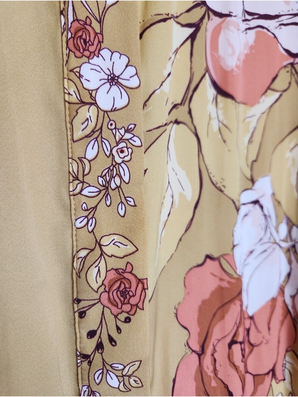 RACHEL ZOE FLORAL BUTTON FRONT TAB SLEEVE BLOUSE MUSTARD PINK LARGE LIKE NEW! - Picture 4 of 6